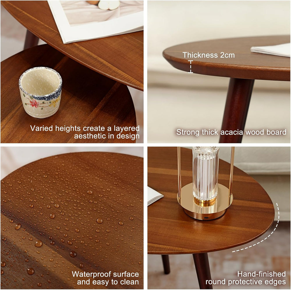 Small Oval Nesting Coffee Tables Set of 2,Solid Acacia Wood Top,Pebble-Shaped...