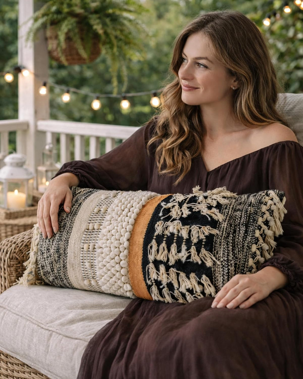Boho Lumbar Pillow Cover 14x32, Handwoven Textured Cotton Long Throw Pillow C...