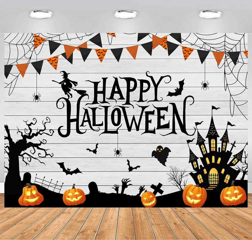10x8ft Happy Halloween Backdrop Wooden Floor Horror Pumpkin Ghost Castle Witc...