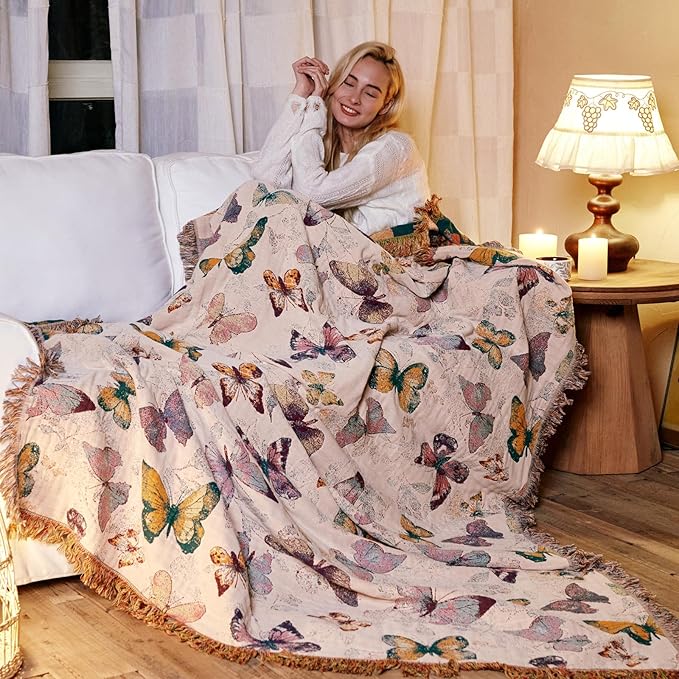 MSGKV Boho Throw Blanket for Bed Cotton Butterfly Twin Size Couch Blanket