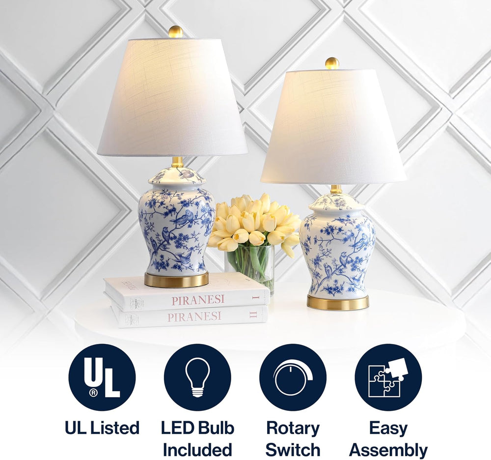 JONATHAN Y Penelope Ginger Jar 22" LED Table Lamp, Blue/White, Set of 2