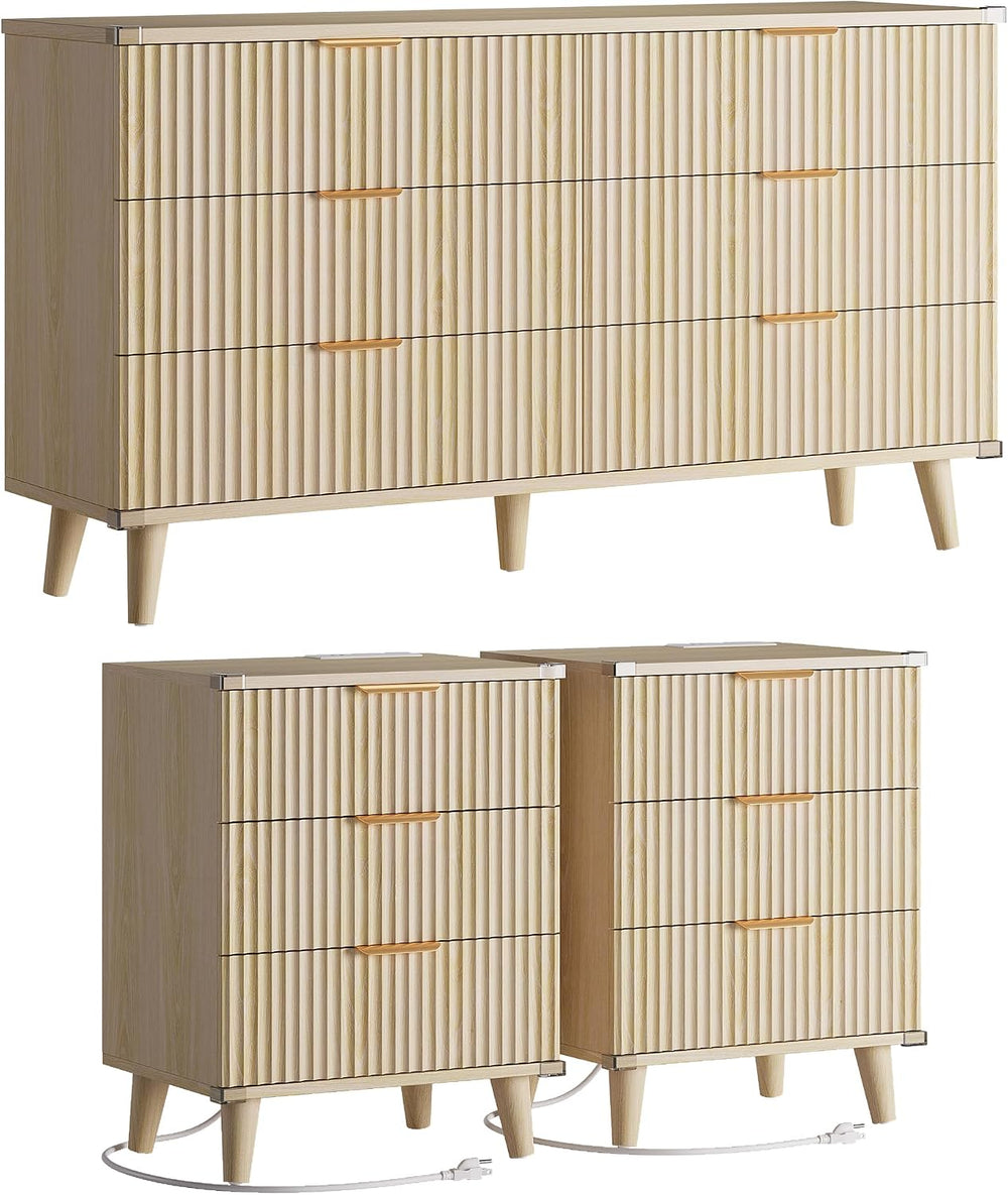 Modern Dresser and Nightstand Sets 3-Piece, 2 Nightstands 6-Drawer Dresser