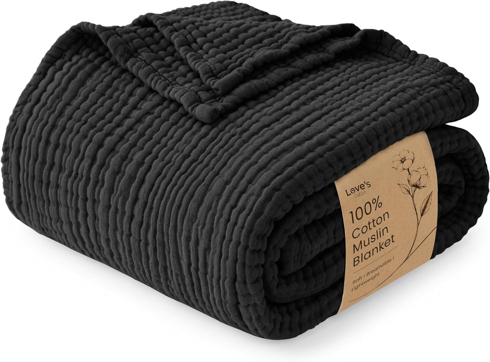 Love's Cabin 100% Cotton Muslin Blanket King Size for Bed, Black