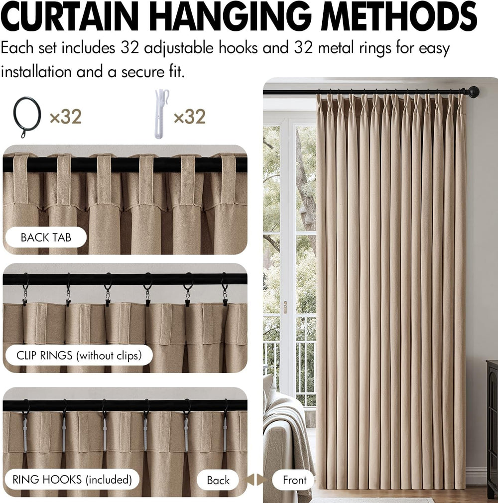 MIULEE Pinch Pleated Thick Linen Curtains 40x96 Inches Taupe 4 Panels Set