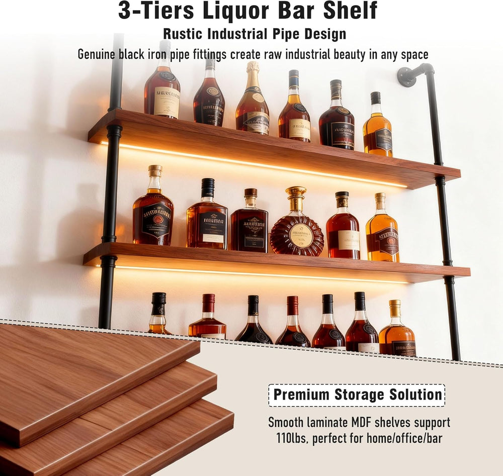 32" Wine Rack Wall Mounted with LED Lights, 3-Tiers Wall Bar Shelves | S...
