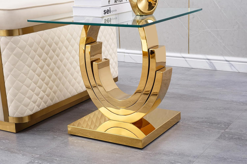 Modern Glass End Table, 22.8" Sofa Side Table with Gold Stainless Steel ...