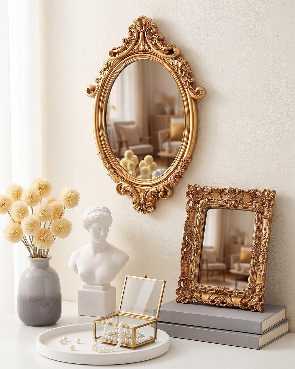3 Pcs Vintage Gold Wall Mirror Set, Court Baroque Style