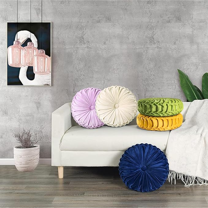 HIG Set of 2 Decorative Round Pleated Throw Pillows, Classy Accent Pumpkin