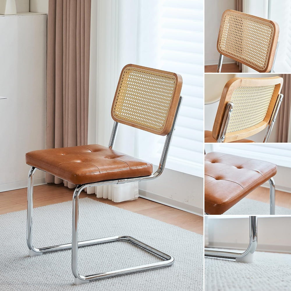 Rattan Cantilever Dining Chair, Single Modern Armless Chair with Chrome Steel...