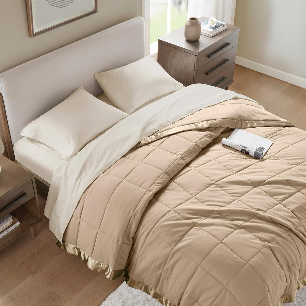 Madison Park Down Alternative Queen Blanket for Bed, Satin Trim, Brown
