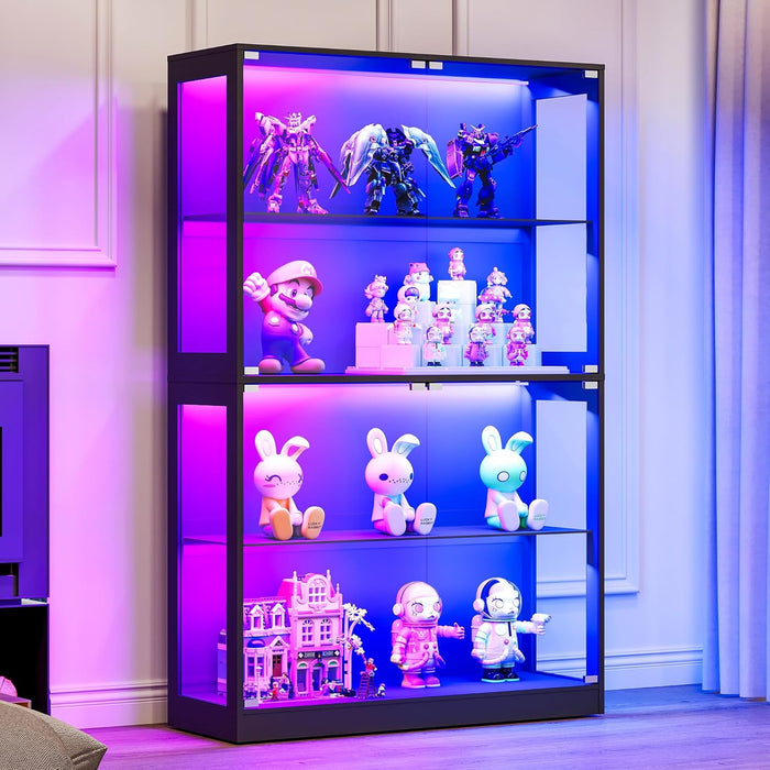 Jocisland 45x16 Inch Display Cabinet with Glass Doors and RGB Lights, 4-Tier Storage Display Case for Collectibles, Adjustable Shelves, MDF and Tempered Glass, Black