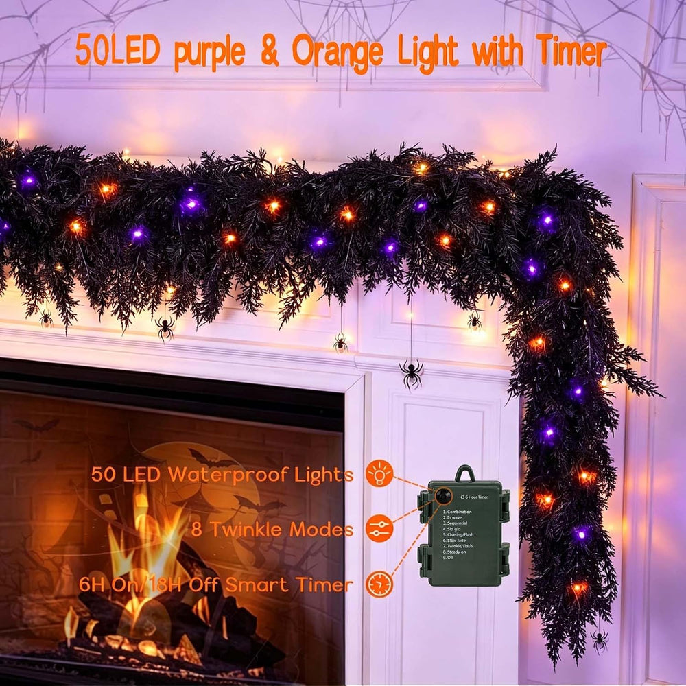 9ft Black Cedar Halloween Garland for Mantle, Soft Touch with Timer Lights