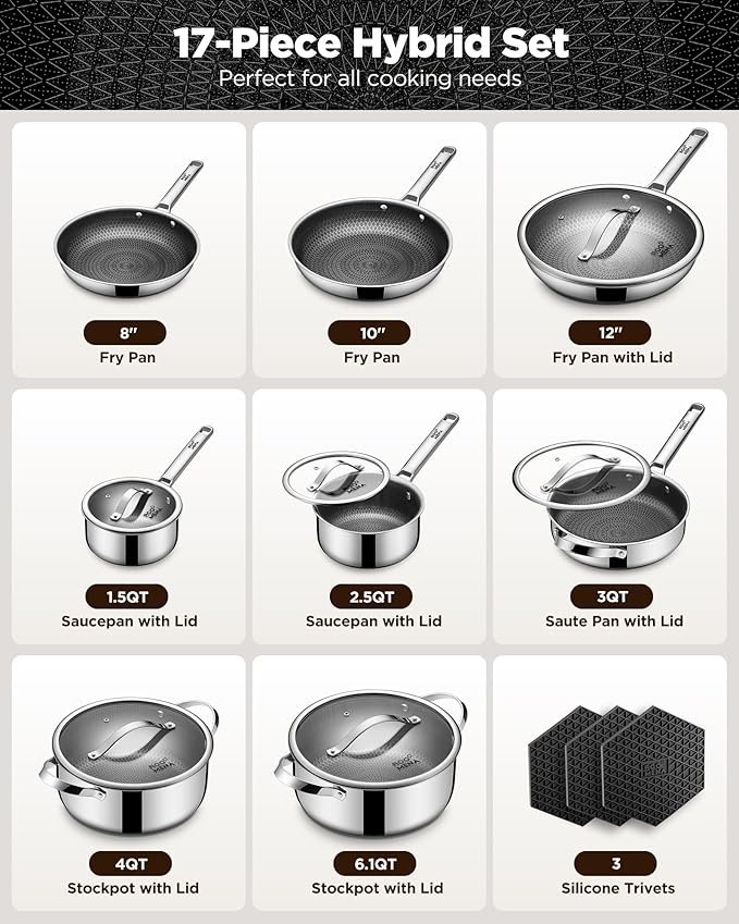 Pots and Pans Set Hybrid Stainless Steel, Dishwasher & Oven Safe, Metal U...