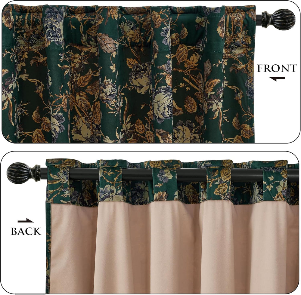 StangH Retro Green Floral Velvet Curtains for Bedroom, W52 x L96, 2 Panels