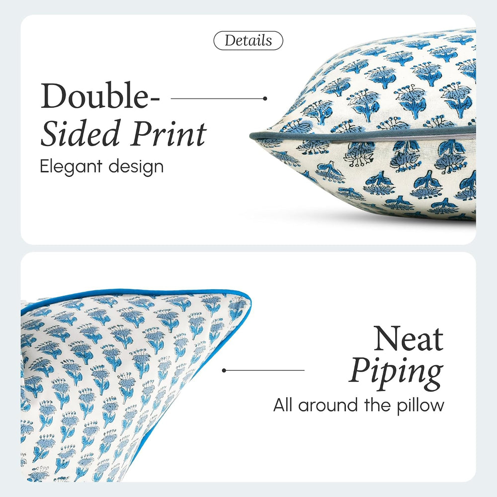 CPC Apatite Blue Block Print Throw Pillow Covers 20x20 Inch, Pack of 2