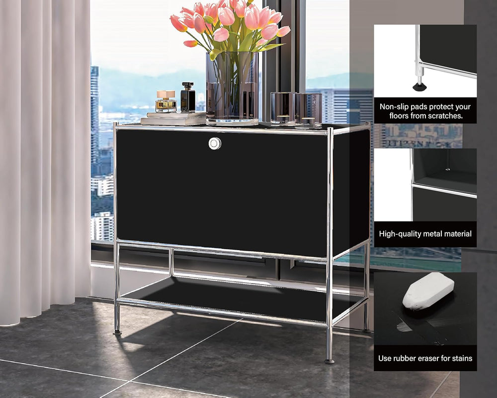 Metal Nightstand, Mid-Century Modern Bookshelf, Flap Door 27.5 | Sleek Modern...