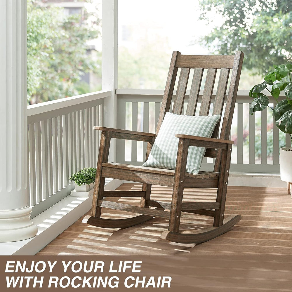 Oversized Outdoor Rocking Chair, Porch Rocker with High Back, Brown | HDPE Pa...