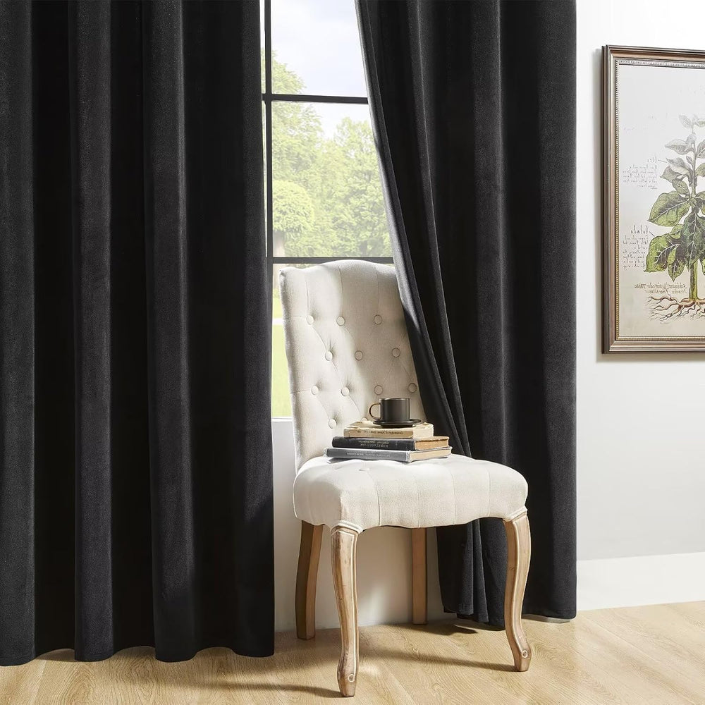 Joydeco Black Velvet Curtains 90 inch Length 2 Panels, Luxury Blackout Rod Po...