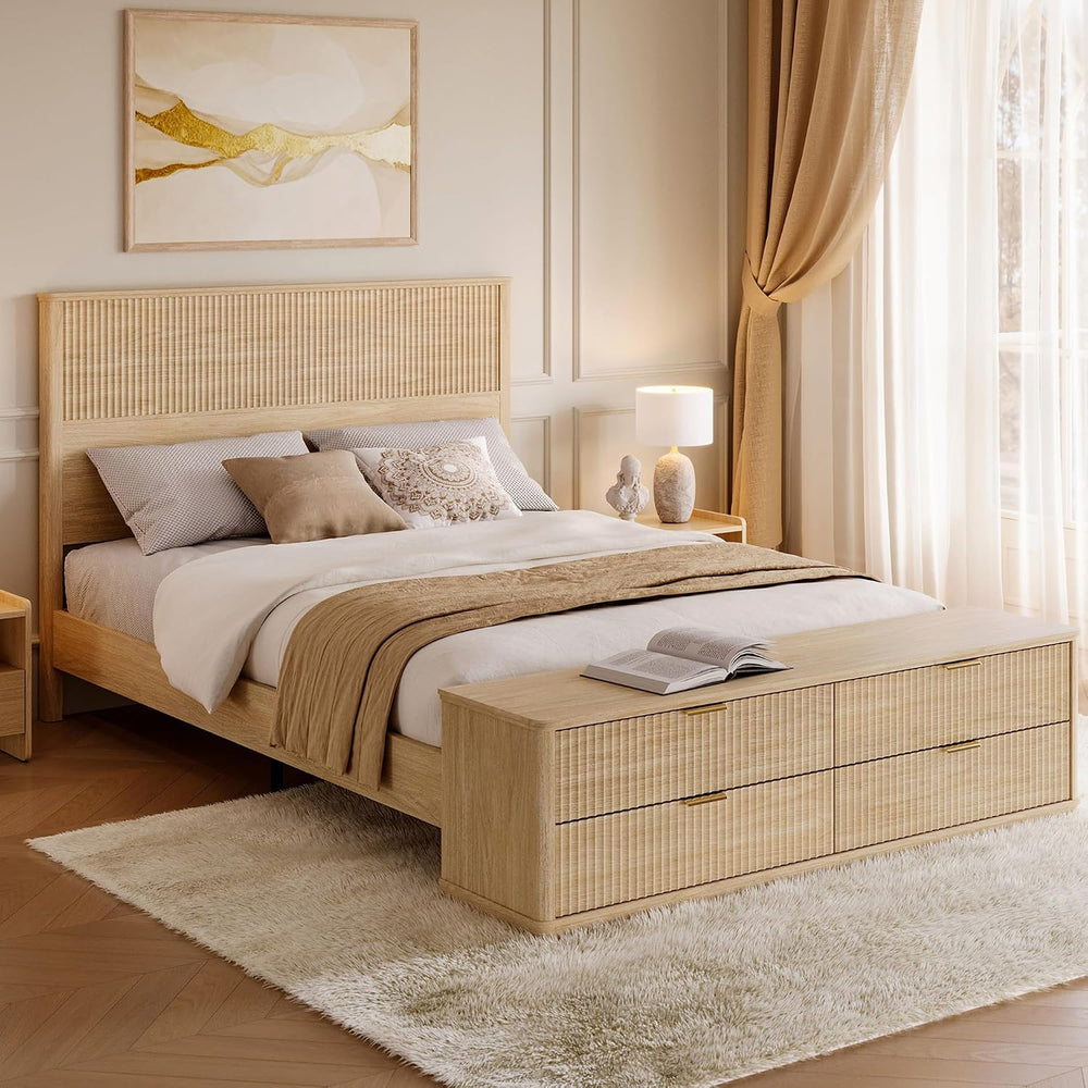 LINSY Fluted Boho Queen Bed Frame with Storage Bench, Natural Oak