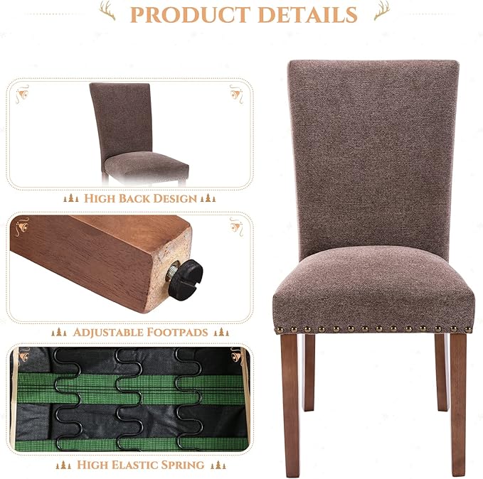 Parsons Dining Chairs Set of 2, Upholstered Nailhead Dining Room Kitchen Side...