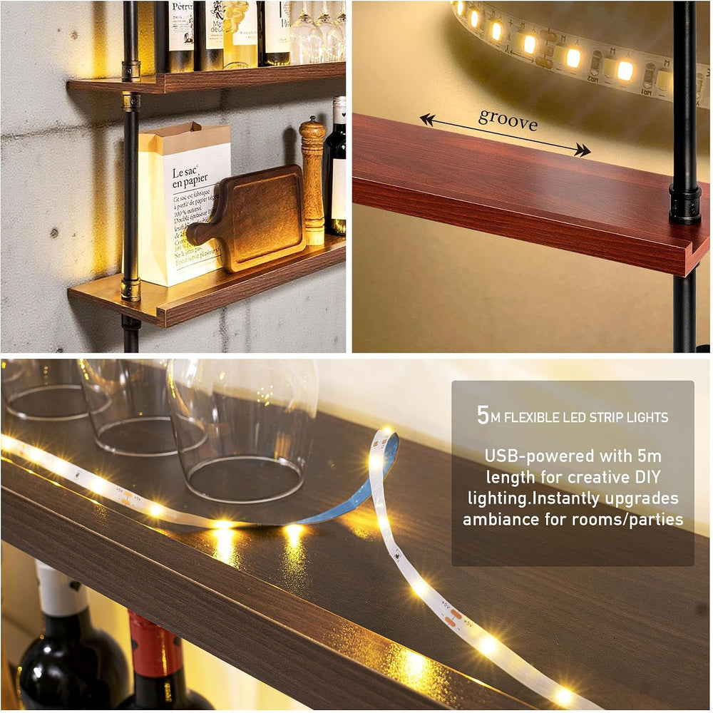 32" Wine Rack Wall Mounted with LED Lights, 3-Tiers Wall Bar Shelves | S...