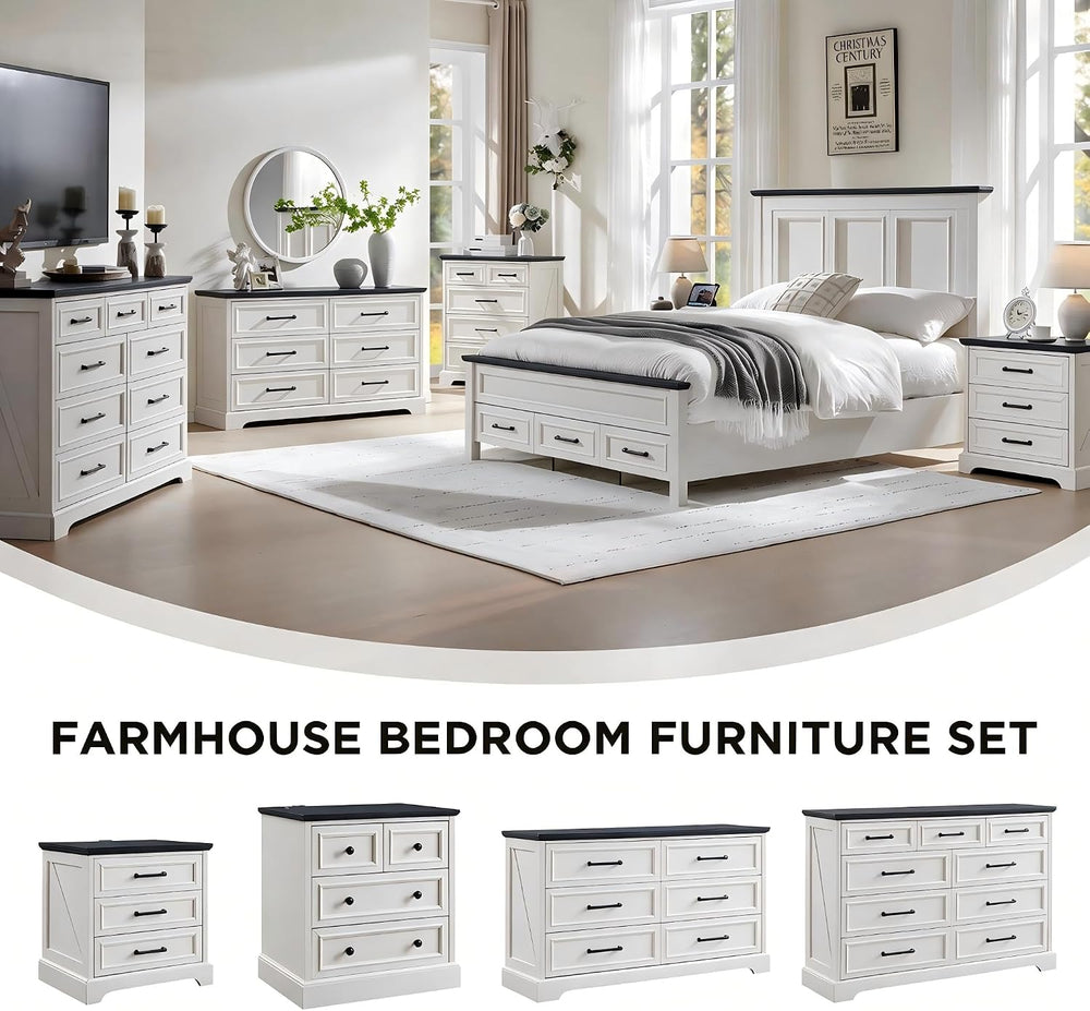 52" Wide Farmhouse 9 Drawer Dresser for Bedroom, Off White