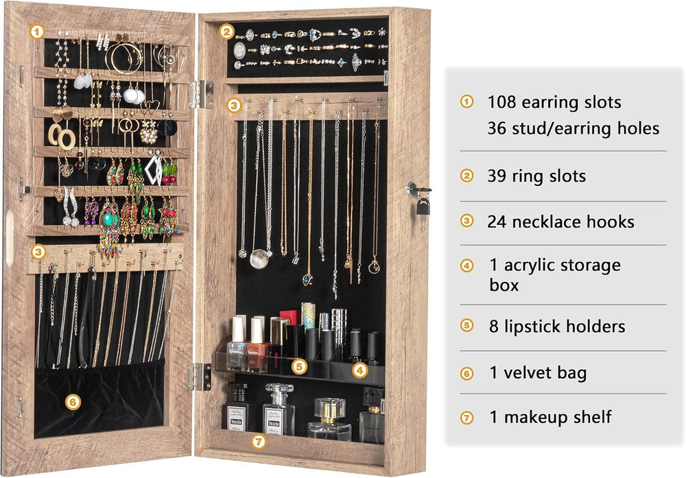 LAVIEVERT Lockable Jewelry Cabinet Armoire w/Frameless Mirror - Wood Grain | ...
