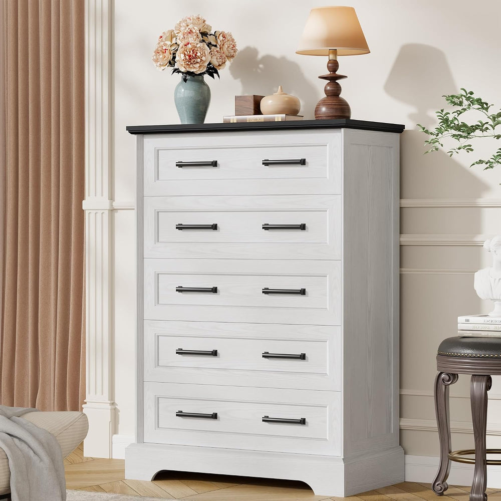 Furmax Farmhouse Dresser for Bedroom, 5 Drawers Dresser, White & Black