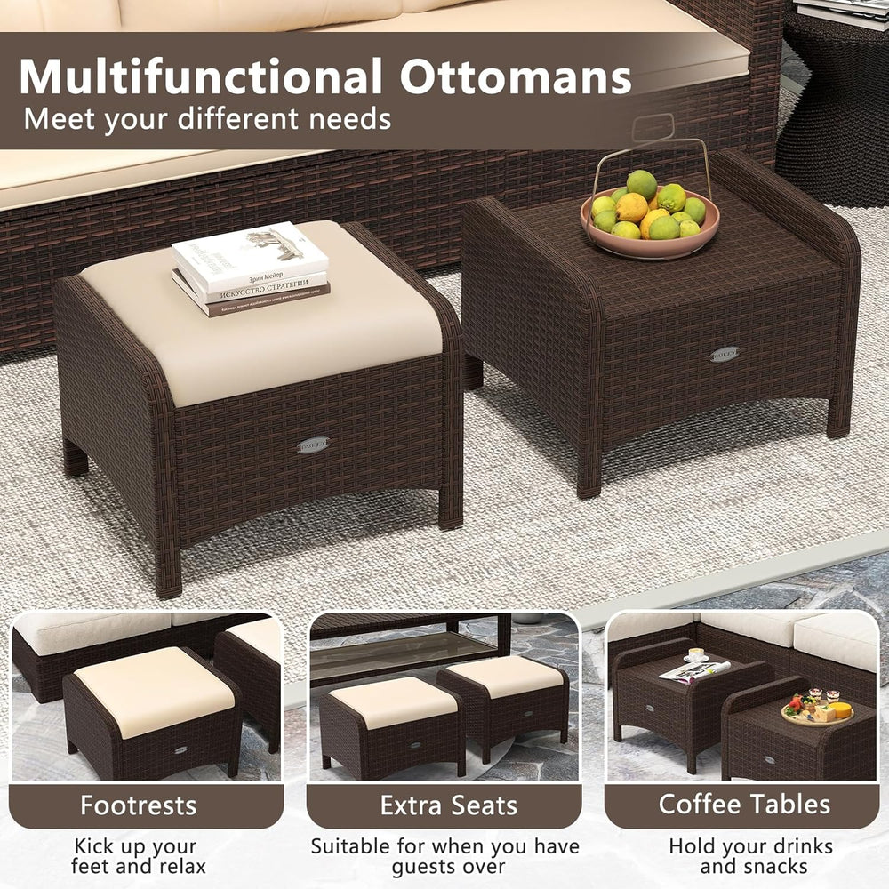 RELAX4LIFE Wicker Outdoor Ottomans for Patio - Set of 2 Rattan Footstools w/R...
