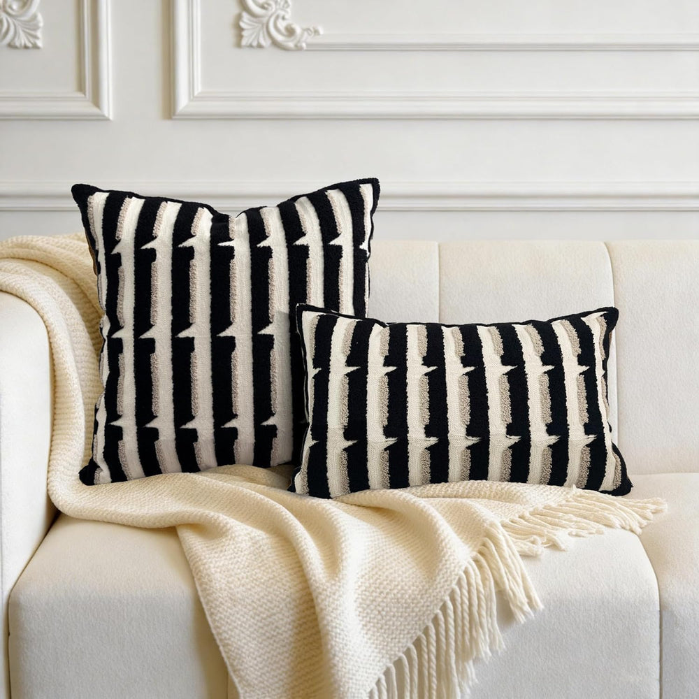 20"x20" Black Cream Stripe Tufted Pillow Covers Luxury Geometric Ac...