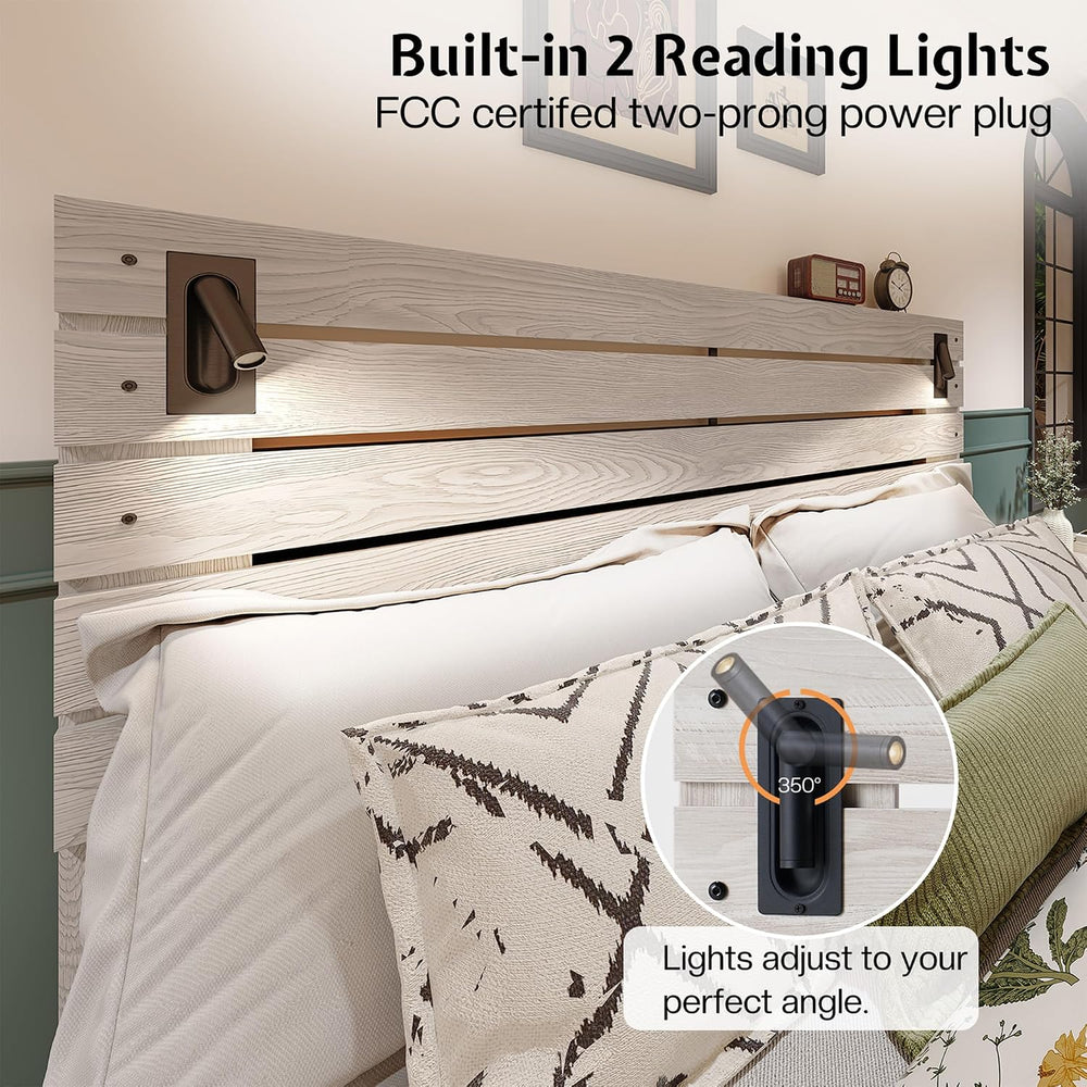Jocisland Queen Bed Frame Farmhouse 51" Headboard&Reading Lights, Ash White