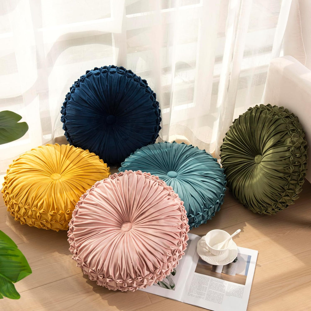 Round Throw Pillow Set of 2 โ Decorative Velvet Ruched Pumpkin Pillows with B...