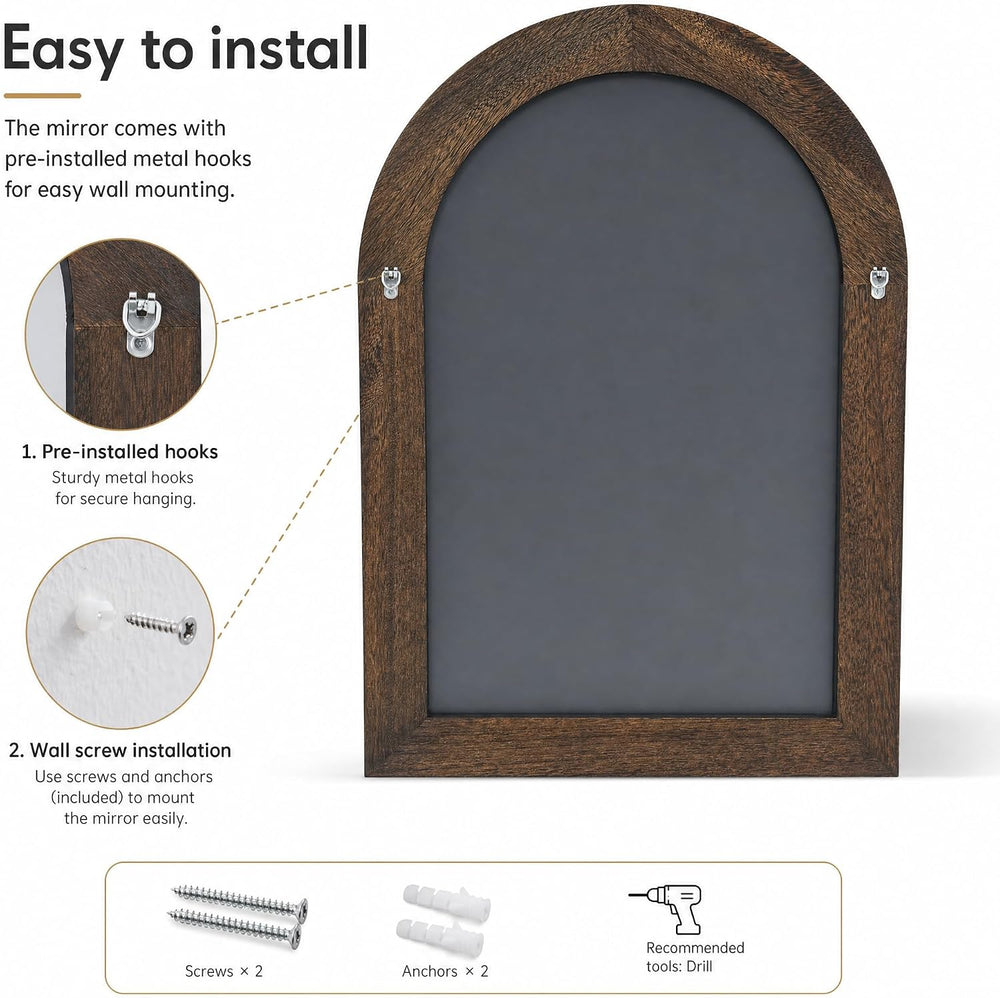 40" x 30" Solid Wood Arched Framed Bathroom Mirror, Brown