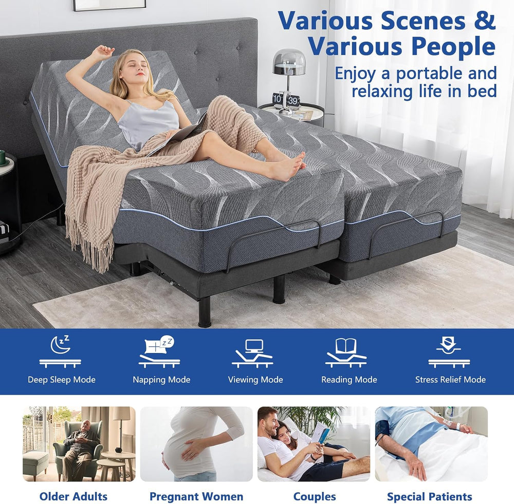 Adjustable Bed Frame Split King, Bed Base with 14 Inch Grey Gel Memory Foam M...