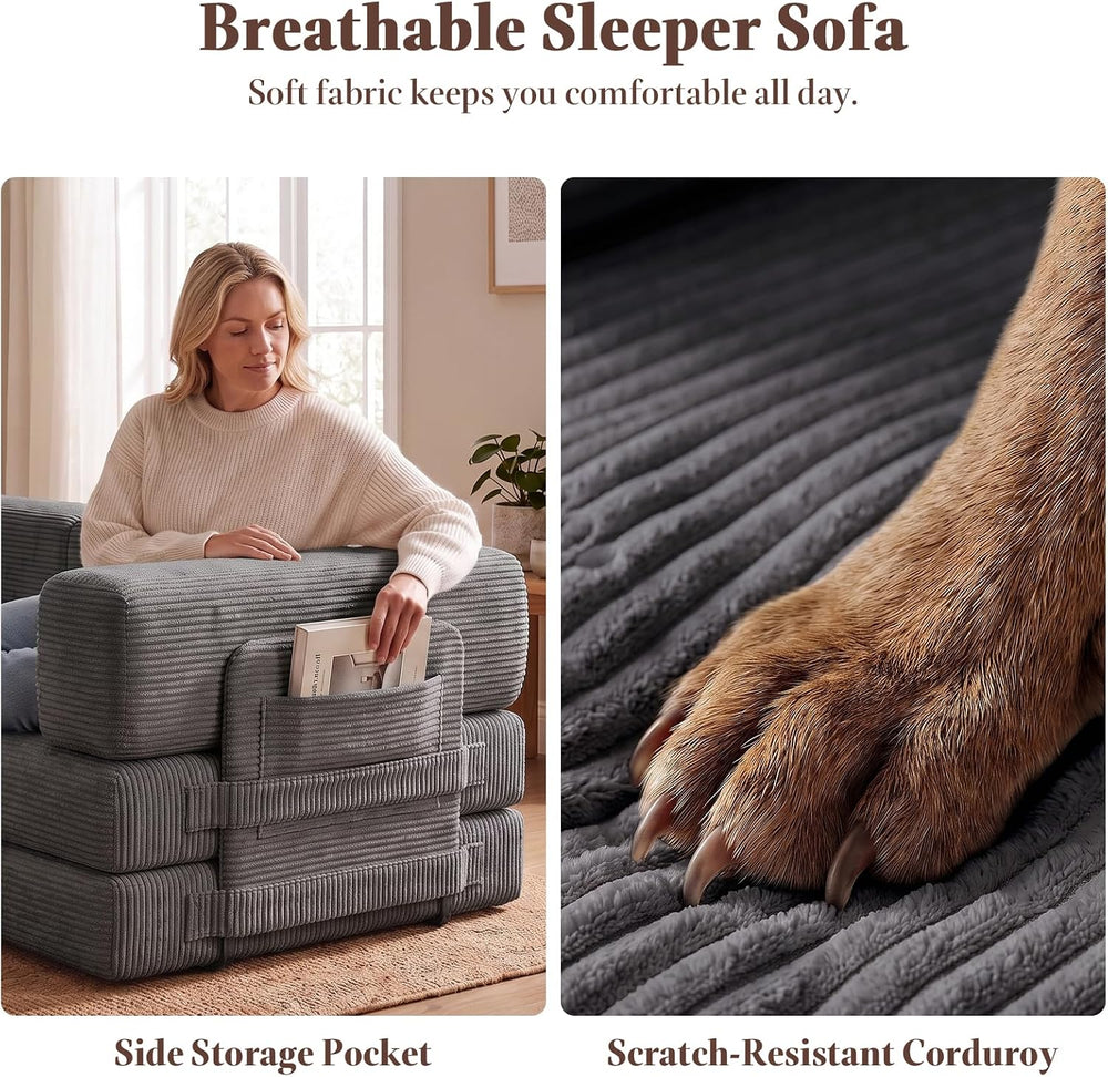 79.5" Convertible Floor Sofa Bed, 5-In-1 Corduroy Futon Couch, No Assembly