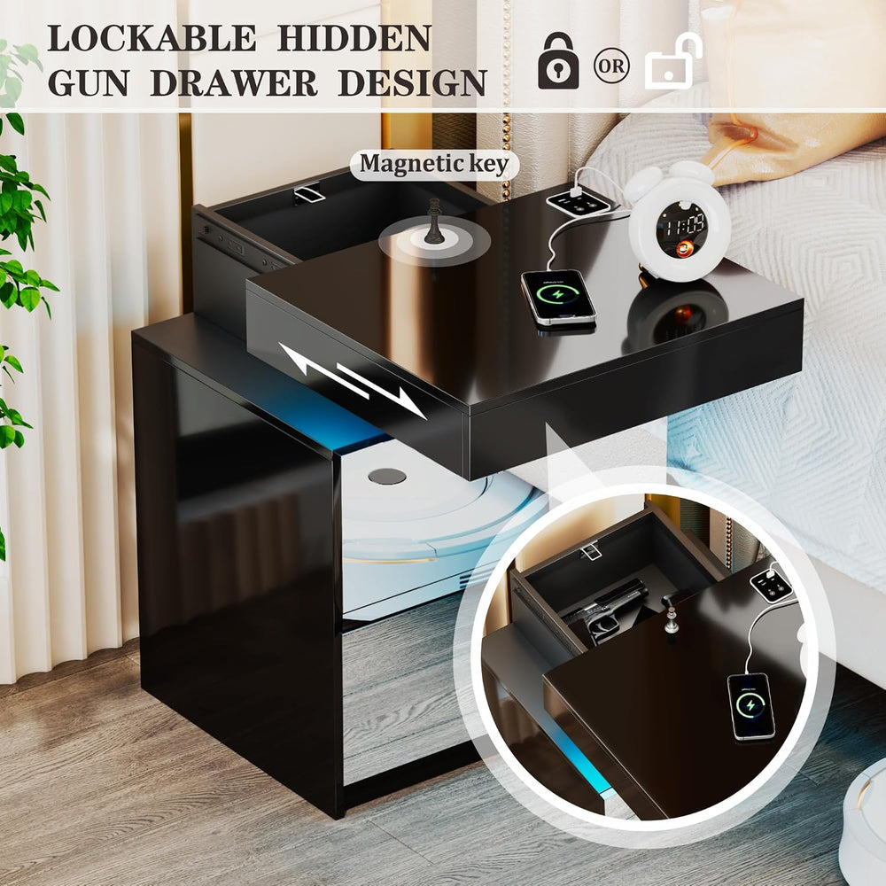 LED Mirrored Nightstand with Charging Station, Bedside Table, Black