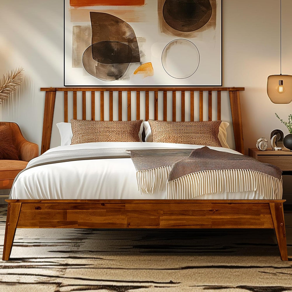 Acacia Kaylin Bed Frame with Headboard Solid Wood Platform Bed, King Bed Fram...