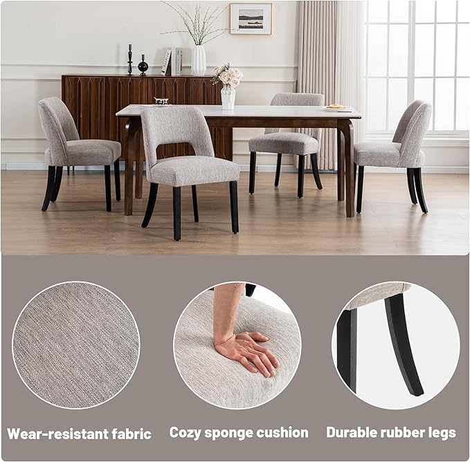 VKNOW Wooden Dining Chairs Set of 2, Modern Fabric Upholstered Dining Room Ch...