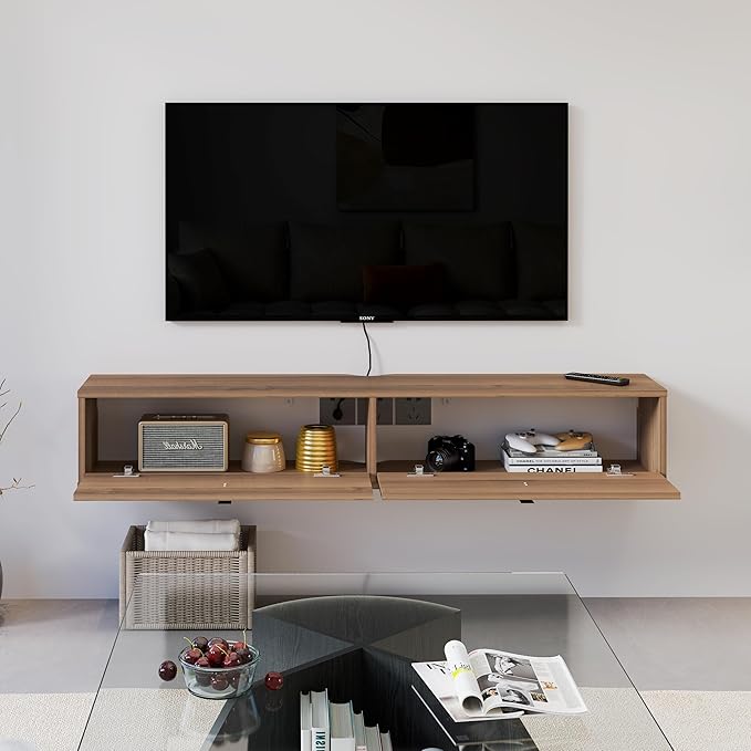 Solid Wood Floating TV Shelf, 55'' Wall Mounted TV Cabinet, Floating ...