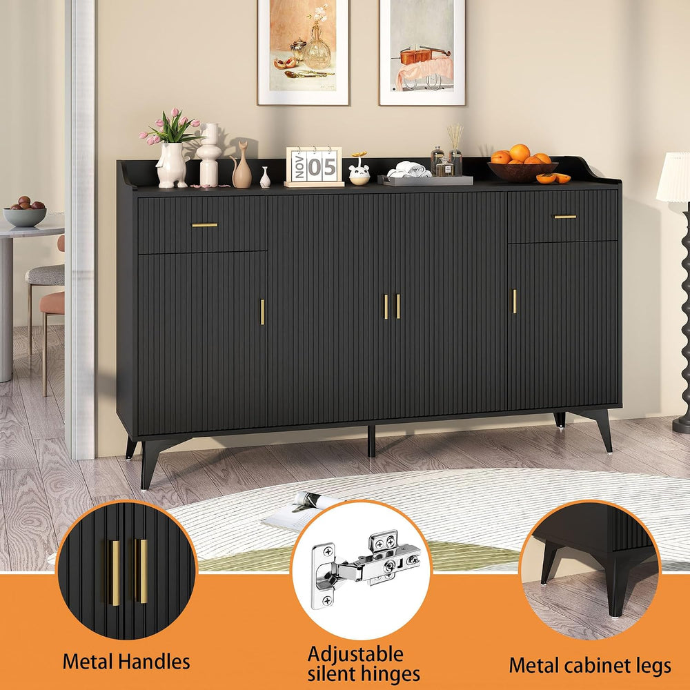 Sideboard Buffet Cabinet with Drawers: 63" Black Fluted Sideboard Cabine...