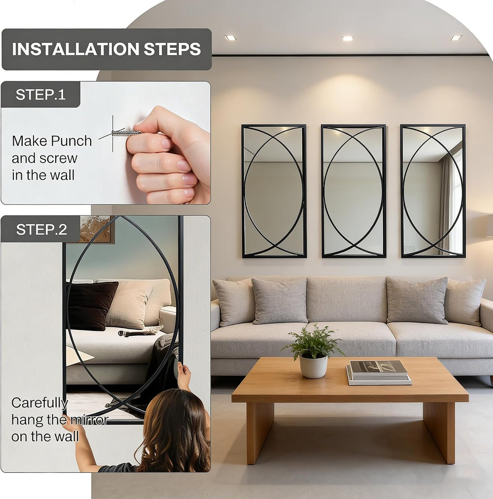 3 Pieces Black Rectangular Wall Mirror Set for Home Decor