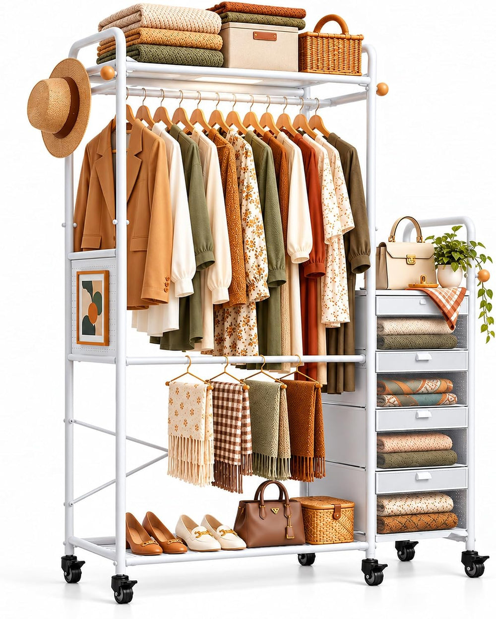 WLIVE Closet Dresser with Hanging Rack, 4 drawer dresser for Bedroom, White