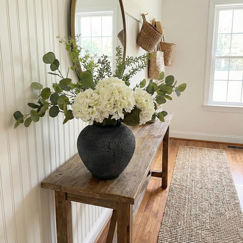Faux Arrangement - Eucalyptus & White Hydrangea Flowers, Large Artificial...