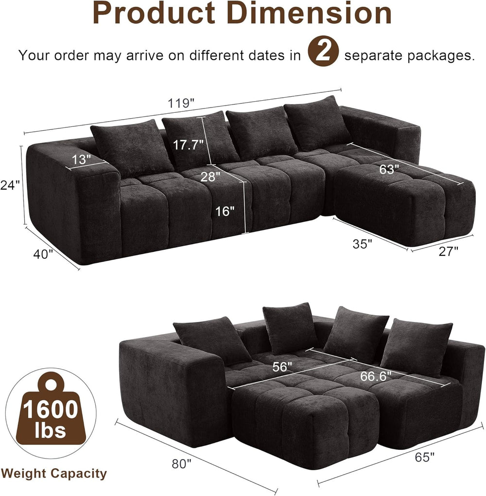 119" Boneless Couch, Cloud Sectional Couch with Deep Seat, High-Density ...