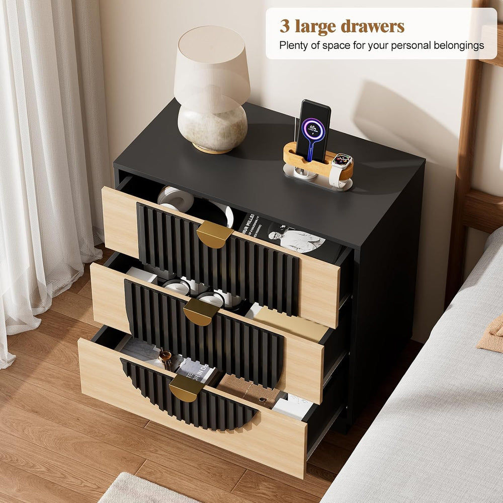3 Drawer Nightstand with Charging Station, 28" Fluted Night Stand & ...