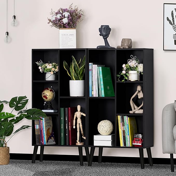 YAHARBO Small Black Narrow Bookshelf,3 Tier Modern Bookcase with Legs,Bookshe...