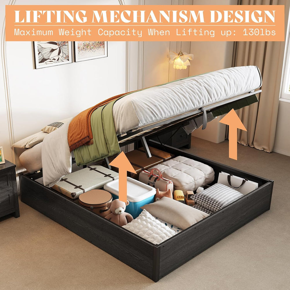 AMERLIFE Full Lift Up Storage Bed Frame, Dark Oak