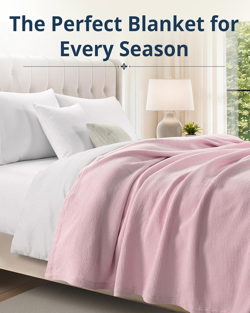 LANE LINEN Queen Blanket for Bed, 100% Cotton Waffle Weave - Cherry Blossom