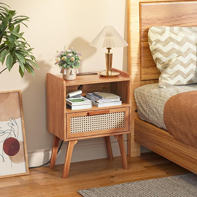 Lerliuo Rattan Nightstands Set of 2 with Charging Station, Side Table with Dr...