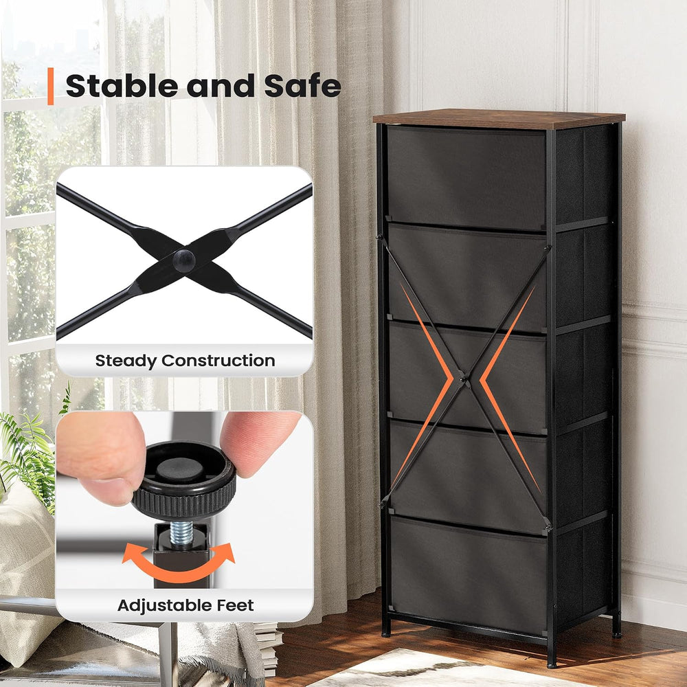 Tall Dresser Vertical Fabric Storage Tower, 5 Drawers (Rustic Brown)